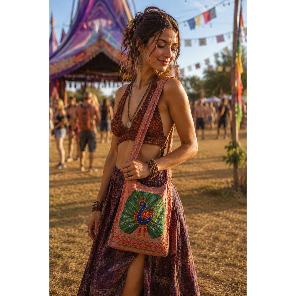 NWT India Boutique Peacock Embroidered Boho Festival Crossbody Bag